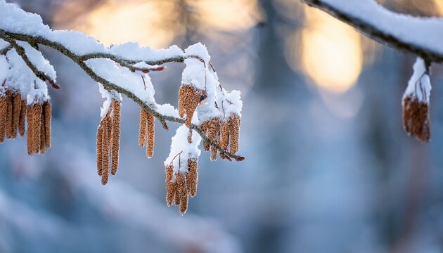 Snow Covered Alder Tree Alnus Glutinosa Branch Against Defocused Background Selective Focus And Shallow Depth Of Field