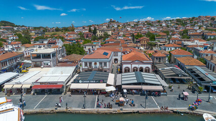 Ayvalik - Turkey, May 08, 2026, Aerial view of the coastal promenade and old town houses on Cunda Island in Balikesir Turkey © Esin Deniz