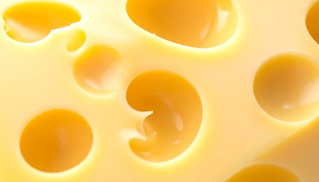 Close-up macro of Swiss cheese block with large round holes and smooth yellow texture, ideal for dairy products, food background, and culinary advertising