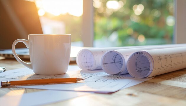 Construction blueprints and coffee cup on wooden table in morning light for Labor Day USA