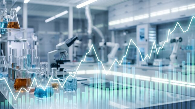 Financial growth chart overlaying blurred modern scientific laboratory background with glassware chemical research breakthrough biotechnology analytics and laboratory business concept