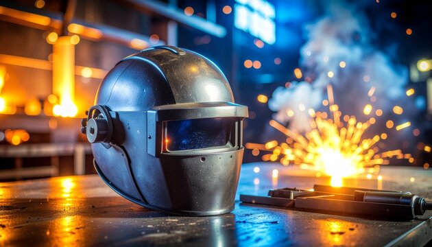 Labor Day USA banner with welder mask on workbench under dramatic welding sparks bokeh