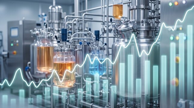 Industrial chemical factory bioreactor tanks facility with glowing financial growth line chart and bar graph overlay, representing biotechnology market success, manufacturing and trade.
