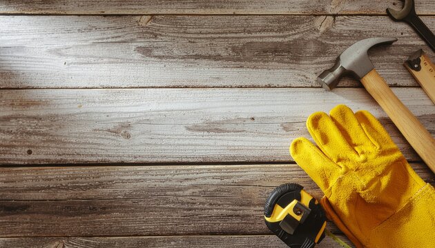 Top down flat lay of carpenter tools and yellow gloves on wooden rustic background for Labor Day USA