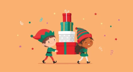 Cute Christmas Elves Carrying Gift Boxes – Happy Holiday Cartoon Illustration © FoxyImage