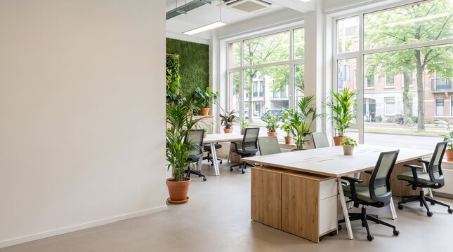 Bright modern eco friendly co working office interior design with large windows indoor potted plants moss green wall wooden desks mockup creative studio corporate business workspace