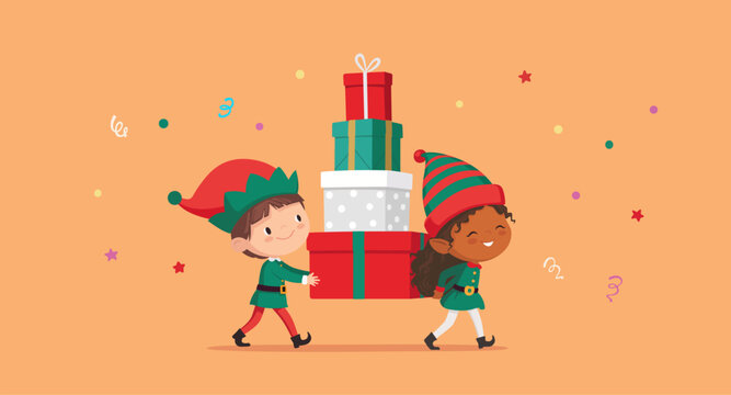 Cute Christmas Elves Carrying Gift Boxes &ndash; Happy Holiday Cartoon Illustration