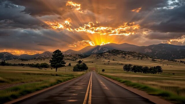 Scenic winding road at sunset with majestic mountains and glowing sky for peaceful travel adventure