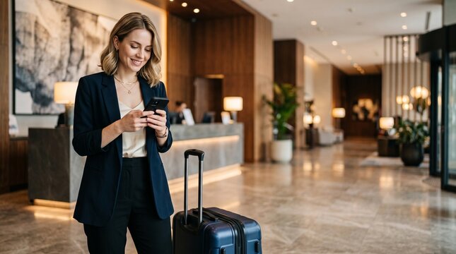 Successful blonde businesswoman in suit using smartphone near suitcase at luxury hotel reception. Professional elegant female executive checking digital device while traveling on business.