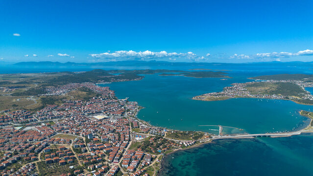 Aerial panoramic view of Ayvalik city coast and Cunda Island bridge in Turkey