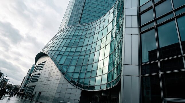 Glass building facade, modern architecture, corporate real estate concept with curved metallic exterior.