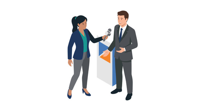 Journalist interviewing businessman with microphone in office.