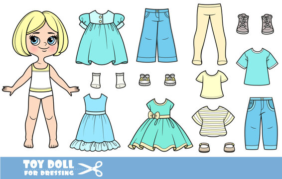 Cartoon blond girl with short bob and clothes separately -  shirts, dresses, sandals, jeans and sneakers in mint colors