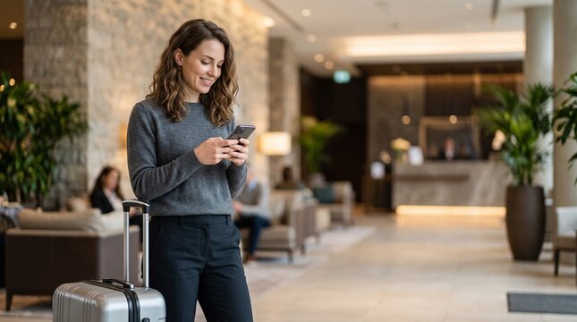 Happy female traveler with luggage using mobile phone app in hotel lobby smiling corporate businesswoman with suitcase checking in modern business travel hospitality concept