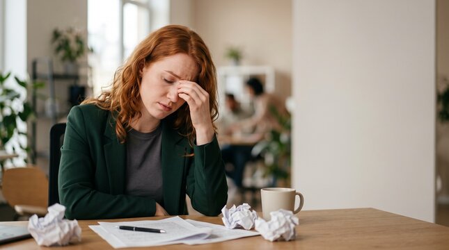Stressed frustrated redhead businesswoman touching face at office desk with documents and crumpled papers. Tired exhausted female entrepreneur experiencing burnout work crisis failure.