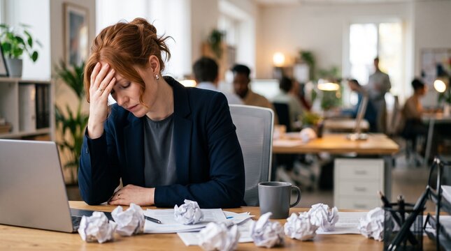 Exhausted redhead businesswoman with headache sitting at laptop desk with crumpled paper. Stressed female employee feeling burned out or overwhelmed due to office deadline, crisis and failure.