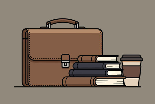 Classic brown leather briefcase placed next to a stack of books and a takeaway coffee cup against a neutral background.