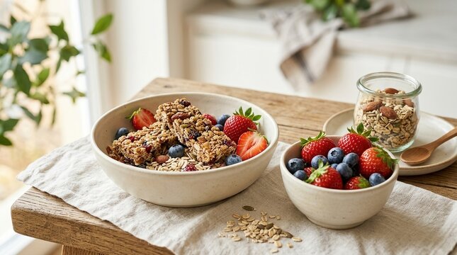 Modern nutrition, healthy breakfast, superfood concept with oatmeal, berries and grains on bright table.