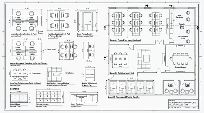Office furniture specification sheet with detailed dimensions and floor plan layout