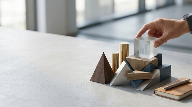 Business strategy, planning, decision path concept with geometric props and wooden blocks on desk.