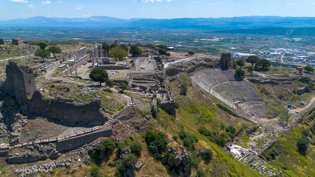 Aerial view of the ancient Pergamon Acropolis and steep Hellenistic theatre in Bergama Izmir Turkey