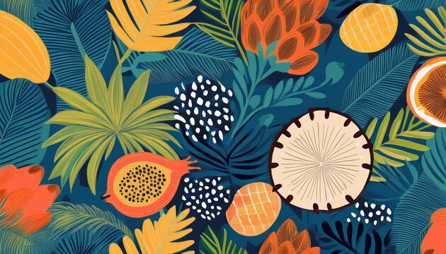 seamless simple pattern collage of tropical plants and exotic fruits for printing on fabric paper cover interior decor posters