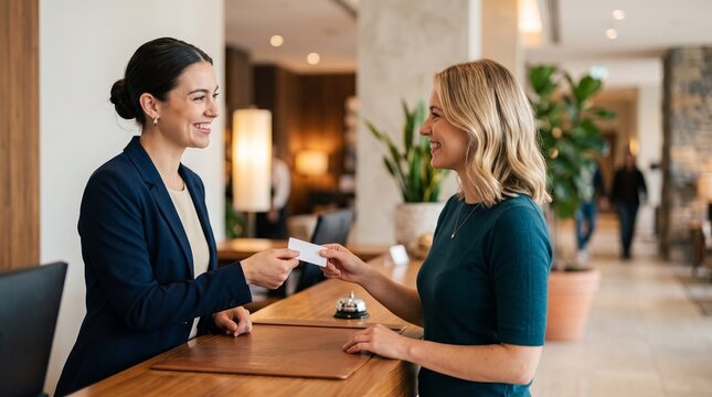 Professional brunette female hotel receptionist in blue blazer handing over a room keycard to a smiling blonde guest at the reception counter desk inside a luxury modern resort lobby.