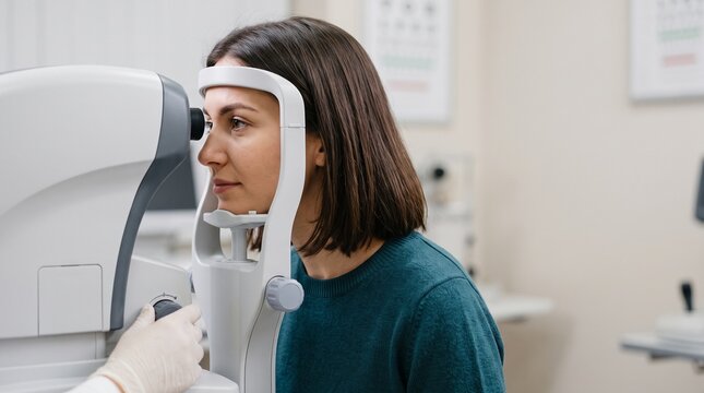 Young woman undergoing professional eye examination with automatic refractometer in modern clinic. Ophthalmic checkup and vision correction diagnostic procedure in medical office.