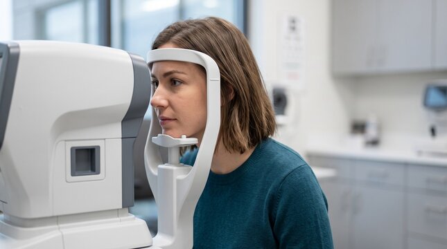 Young woman undergoes professional vision test using modern refractometer in medical clinic. Female patient looking into optometry equipment for eye examination checkup with doctor.