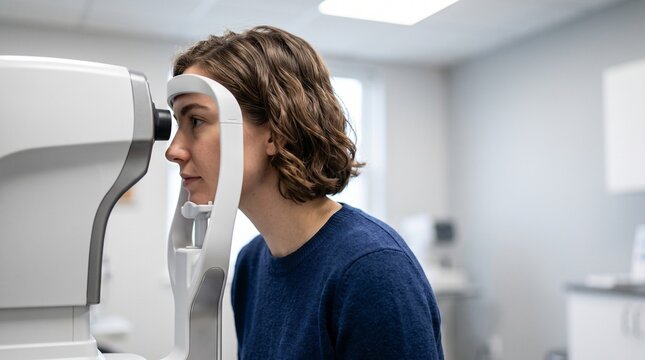 Side view of female patient testing vision with professional automated refractometer equipment. Young woman receiving medical eye examination checkup at modern optometry clinic office.