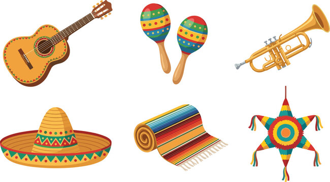 Mexican culture cartoon vector illustration collection featuring guitar, maracas, trumpet, sombrero, serape blanket and festive pi&ntilde;ata isolated on white background