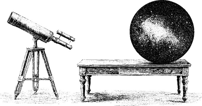 Antique telescope with wooden tripod and celestial star chart on table for astronomy background and vintage scientific illustration design