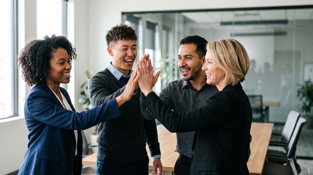 Ecstatic diverse multiracial business team giving a high five together in conference room, celebrating big success, financial growth, victory and great teamwork achievement in office.