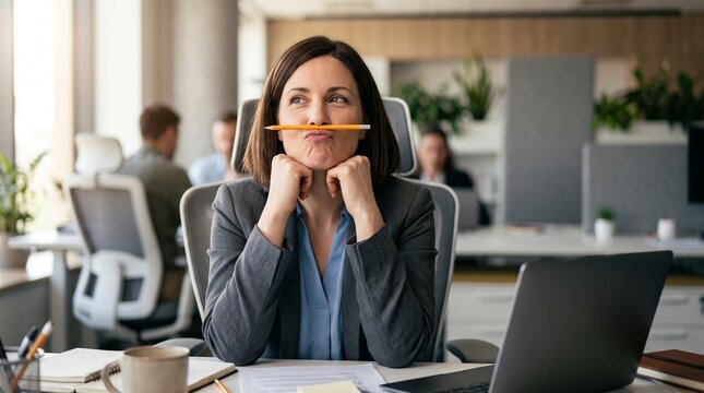 Funny bored Caucasian businesswoman holding pencil with mouth at office desk looking away thoughtfully. Playful distracted female employee procrastinating with laptop in corporate workspace.