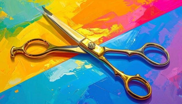 "A pair of golden-handled scissors rests diagonally across vibrant sheets of red, blue, green, and yellow paper, symbolizing creativity, precision, and craftsmanship in a cinematic, branding-ready com