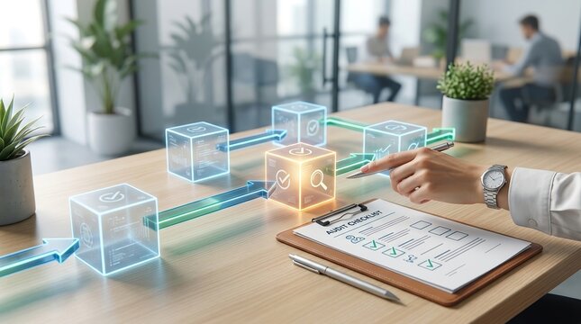 Business workflow, process automation, productivity concept with digital steps and tablet interface.