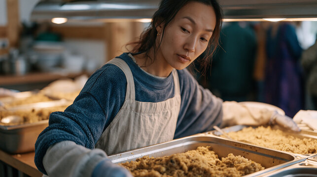 Kazakh community kitchen volunteer organizes a buffet serving station for a Diwali community dinner during October, arranging trays of warm food under heat lamps as a diverse line