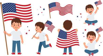 Patriotic kids with American flag cartoon vector illustration collection featuring children celebrating national holiday, waving USA flags and showing patriotic pride isolated on white background