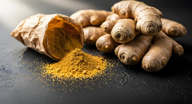 Fresh ginger root and ground powder on dark surface.