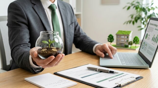 Green investment, sustainable finance, ESG business concept with professional holding sprout in glass jar.