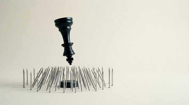 Leadership crisis, unstable power, strategy risk concept with chess king floating upside down over fallen pieces.