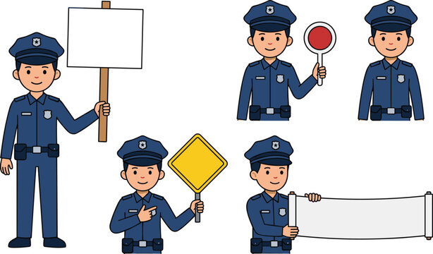 Police officer cartoon vector illustration collection featuring holding blank sign, traffic paddle, warning sign and banner for public safety isolated on white background