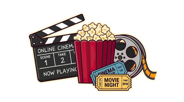 Cinema Movie Night Icons: Popcorn, Clapperboard, Film Reel, Tickets, Online Streaming