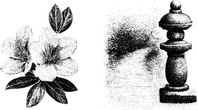 Cluster of azalea blossoms and stone lantern with garden path black and white stippling artwork for botanical background poster and banner design