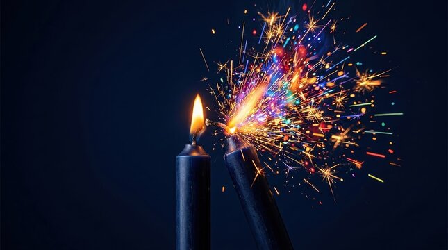 Igniting spark, creativity, inspiration concept with candle flame bursting into colorful sparks.