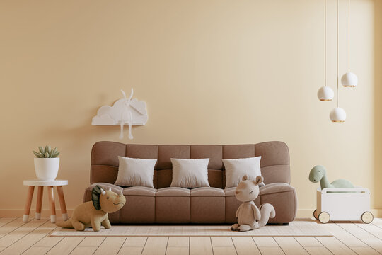 Cute kids playroom interior design with brown sofa stuffed dinosaur toy and wall decor- 3D rendering