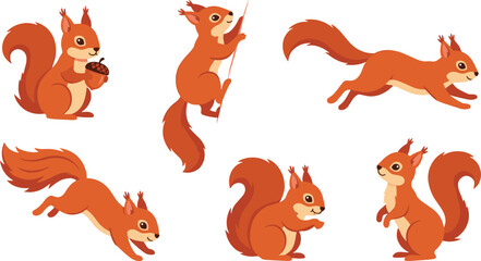 Red squirrel cartoon vector illustration collection featuring climbing, running, jumping, standing and acorn holding woodland wildlife character poses isolated on white background © Yevhenii creative