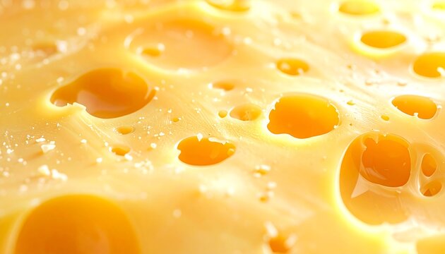 Swiss cheese texture with natural holes in macro close up, premium dairy background for food advertising, packaging and branding design
