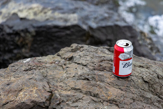 Quebec, Canada, 20 June 2026 : An empty Budweiser beer can rests on a rock near water.
