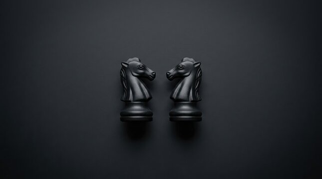 Competitive strategy, business rivalry, chess tactics concept with two black knights facing each other.
